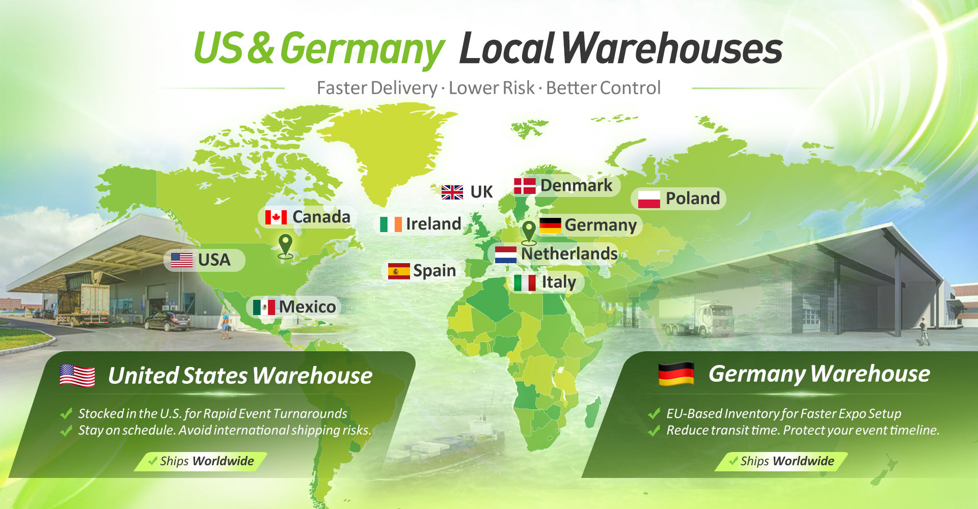 Frame Plus has two warehouses in the US and Germany, enabling global shipping and helping businesses quickly participate in trade shows and events in the US and Germany.