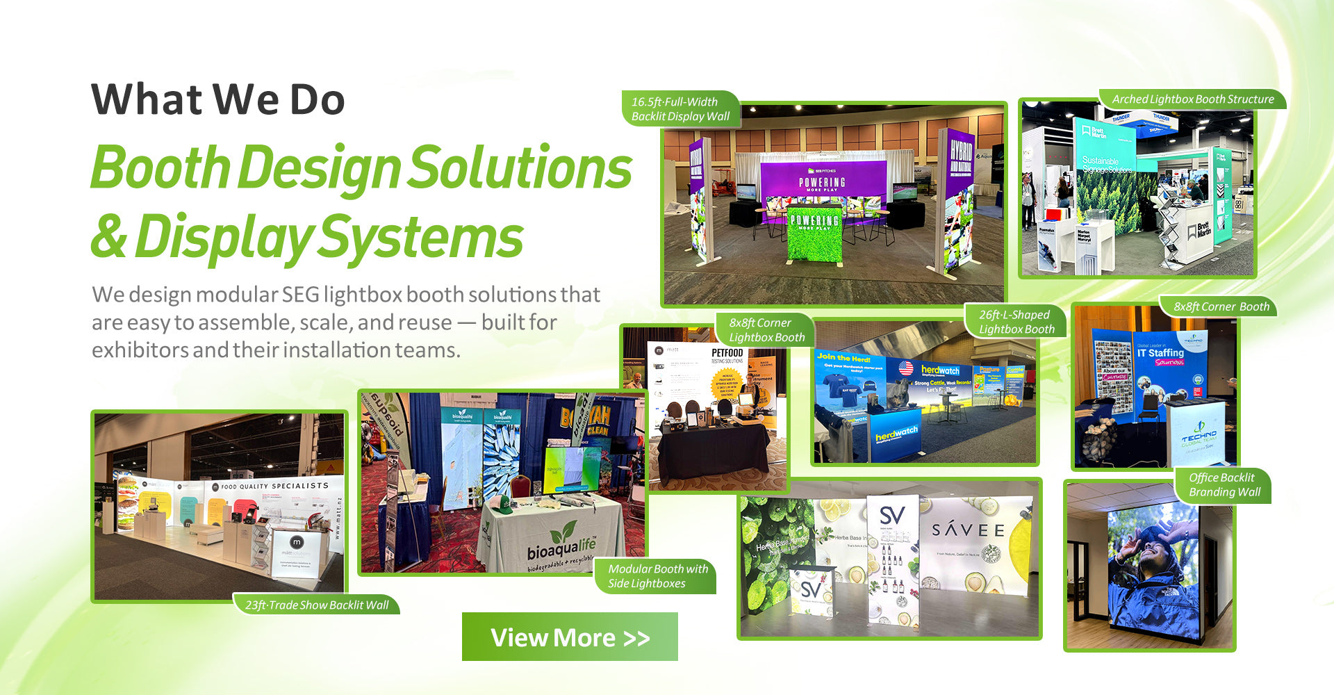 Frame Plus specializes in providing exhibition booth solutions for exhibitors, ranging from 10ft corner booths to 20ft ceiling-mounted lightbox booths, catering to all their exhibition needs.