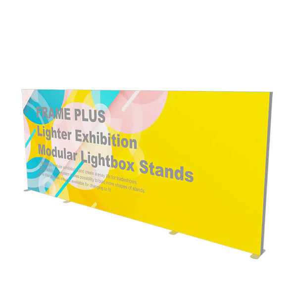 Side angle of FramePlus backlit exhibition stand, uniform LED glow, eye-level brand impact, Orlando convention hall.